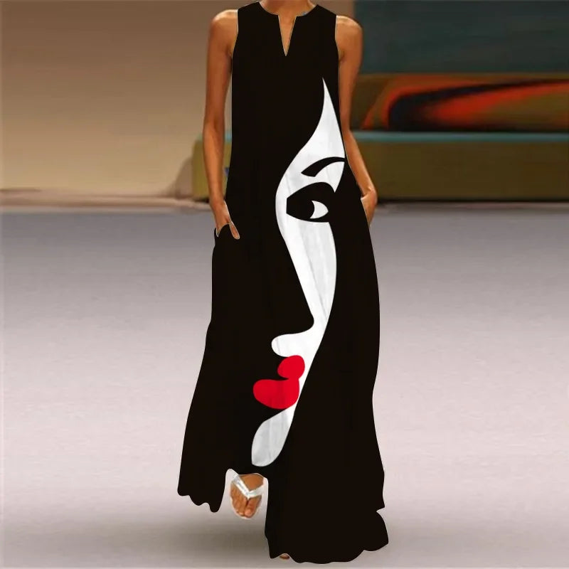 Elegant Sleeveless Women Dress, Vintage Print Loose Long Maxi Dresses Lady V Neck Pocket Sundress Plus Size