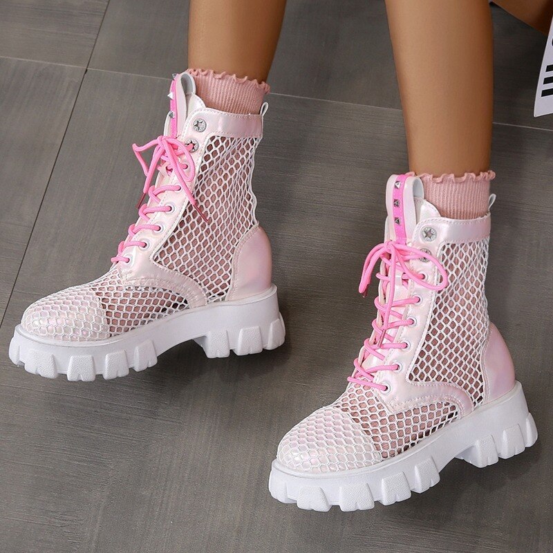 Sandal Boots Summer 2022 New Lace Up Hollow Out Breathable Heightening Girls Ankle Boots Fashion Mesh Women Sandals Plus Size 43
