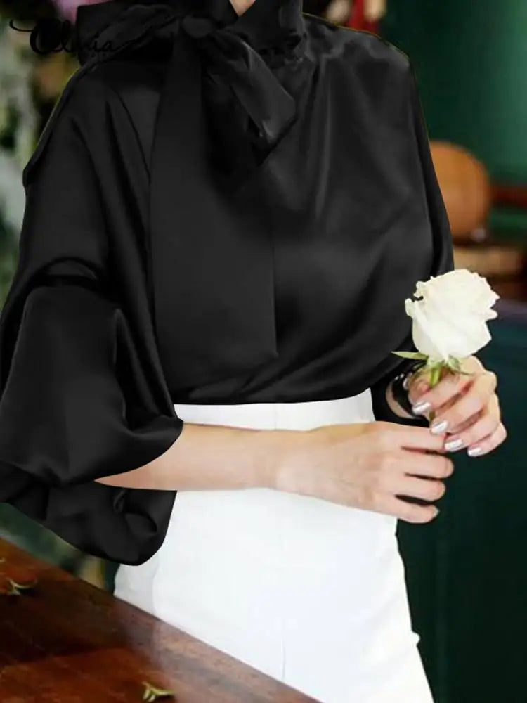 Celmia Elegant Women Satin Blouse Bow Tie Neck Shirt Lantern Sleeve Top 2024 Summer Fashion Female Office Tunic Casual OL Blusas
