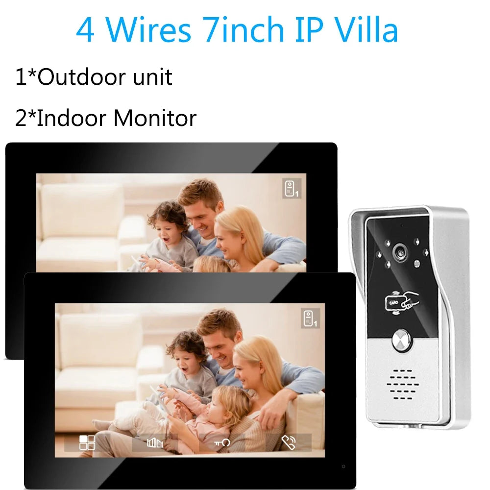 4 Wired Video Intercom System RFID Unlock Camera Doorbell with 7 Inch Screen Night Vision Home Door Bell for Villa M72T