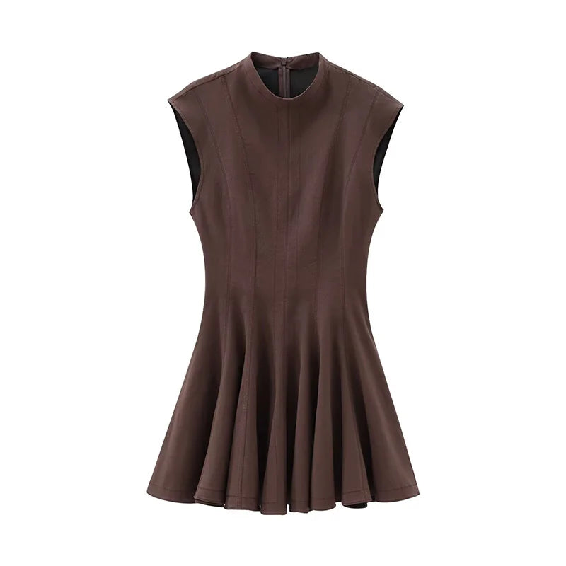 Elegant Sleeveless Pleated Mini Dress for Women Fashion High Waist Female Evening Dresses 2024 Autumn New Ladies Robe Streetwear