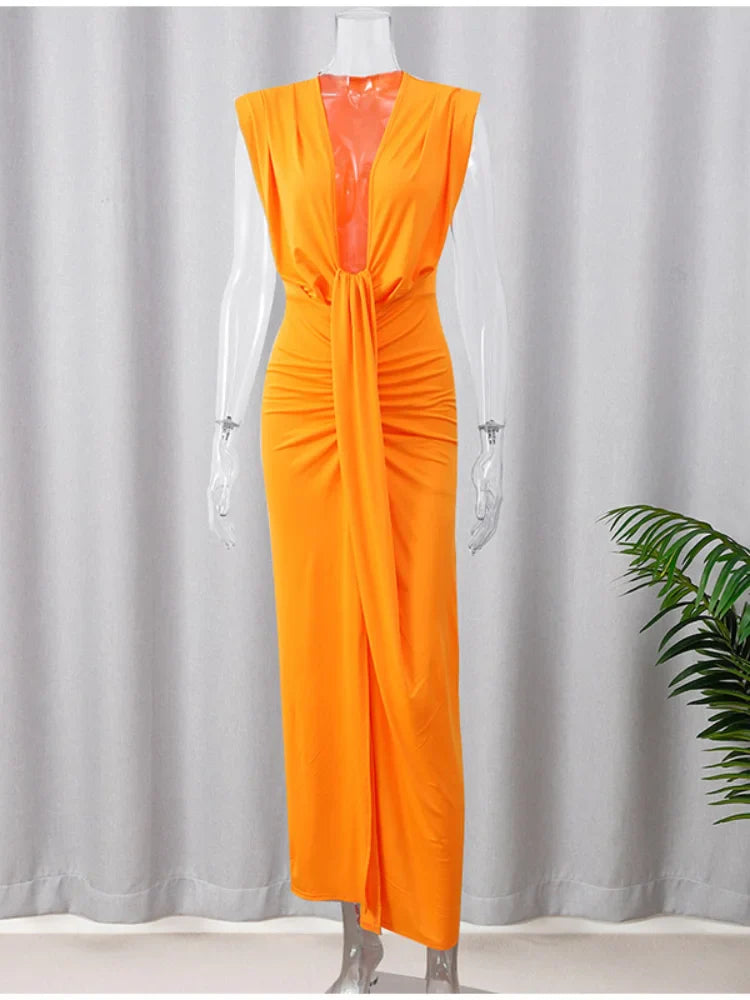 Elegant Solid Pleated Slim Sleeveless Midi Dress Women Sexy Deep V Neck High Slit Robe 2024 Summer Chic Lady Party Street Wear