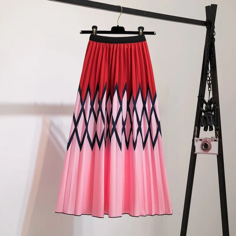 2023 Summer Women Cartoon Print Pleated Skirts A Line High Waisted Elastic Midi Long Skirt Ladies Party Korean Style Dresses