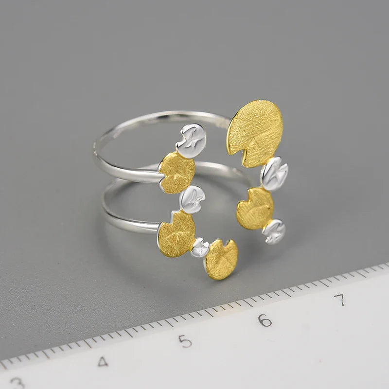 Lotus Fun Elegant Water Lily Leaves Double Layer Adjustable Rings for Women 925 Sterling Silver Luxury Designer Fine Jewelry