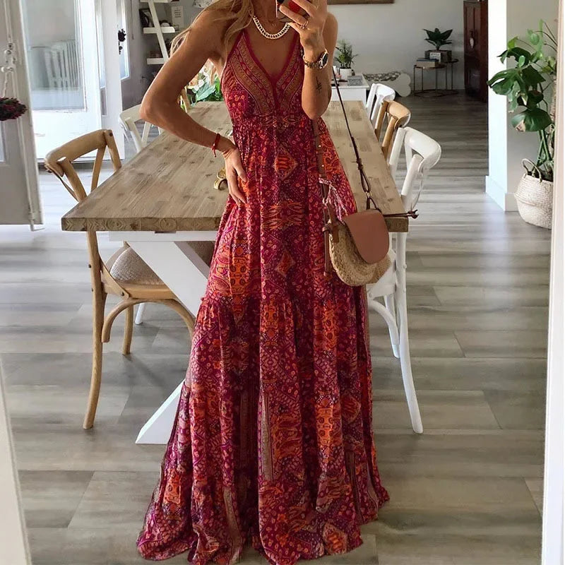 2024 Women's Summer Boho Long Dresses Elegant V Neck Party Dresses Vintage Printed Sleeveless Sexy Slim Maxi Beach Dress Mujer