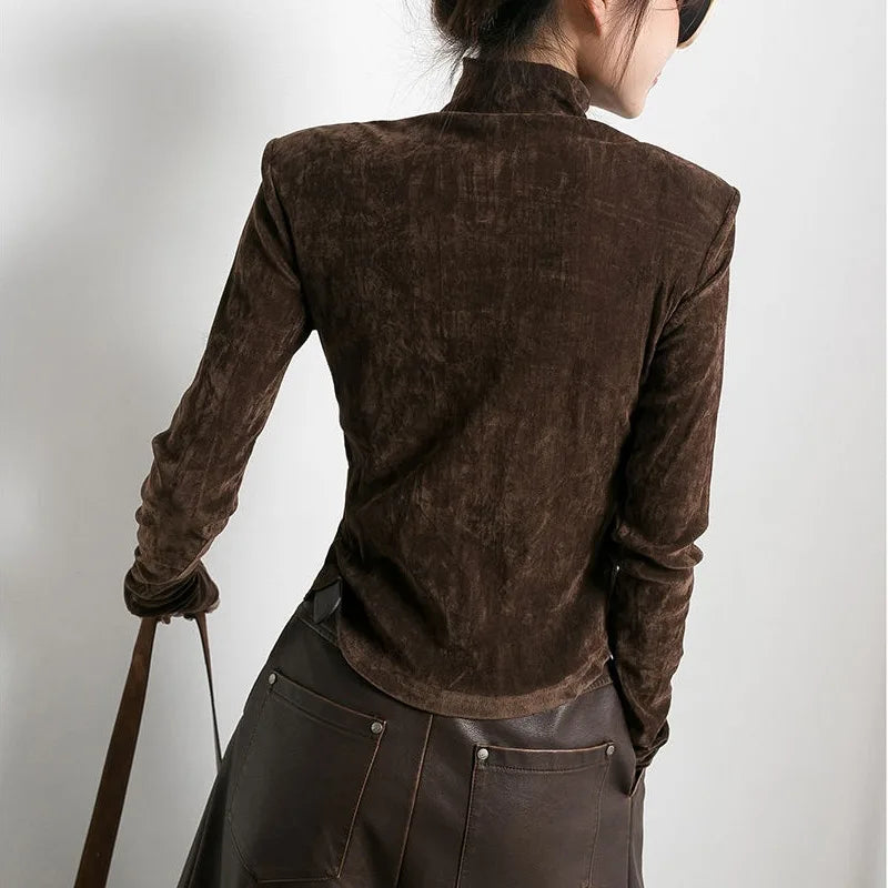 Turtleneck Tshirts Women Front Side-slit Solid Color Soft Female Long Sleeve Tops Leisure Tees Autumn All-match Irregular Slim