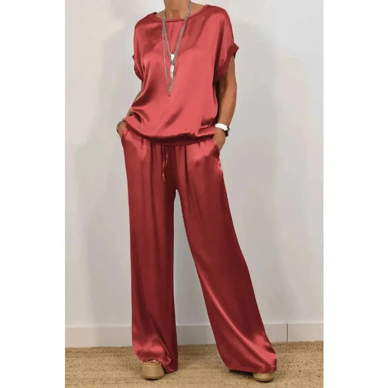 Women's Satin Pants 2 Piece Set Summer Breathe Loose Short Sleeve Top Wide Leg Pants Casual Outfit Office Lady Elagant Set