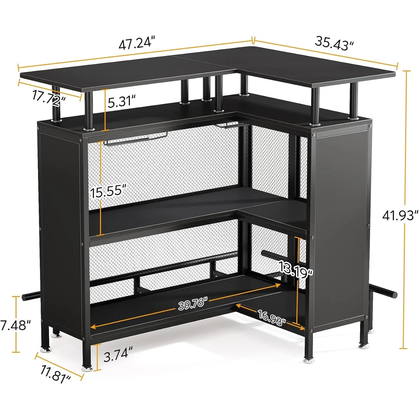 L-Shaped Bar Table with Stemware Racks and 2-Tier Shelves with footrest