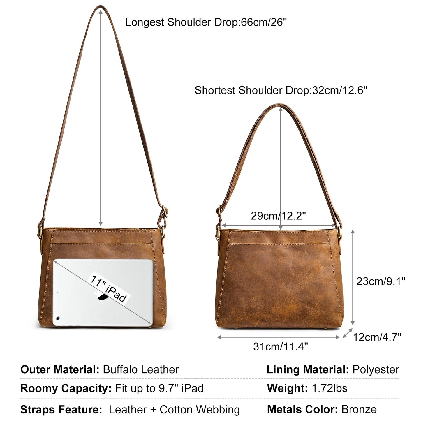 S-ZONE Medium Women Vintage Genuine Leather Crossbody Bag Shoulder Purse Handbag