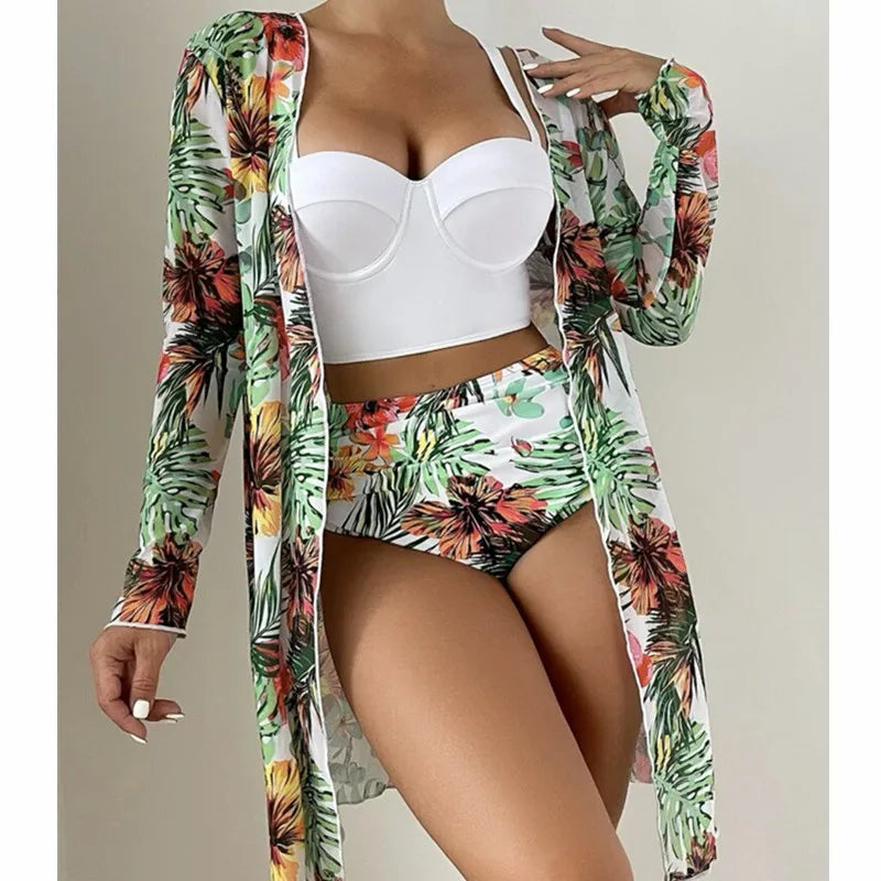Three Pieces Bikini Set Cover Up Women New Push Up Twist Swimsuit Print Long Sleeve Swimwear Biquini Bathing Suit Summer