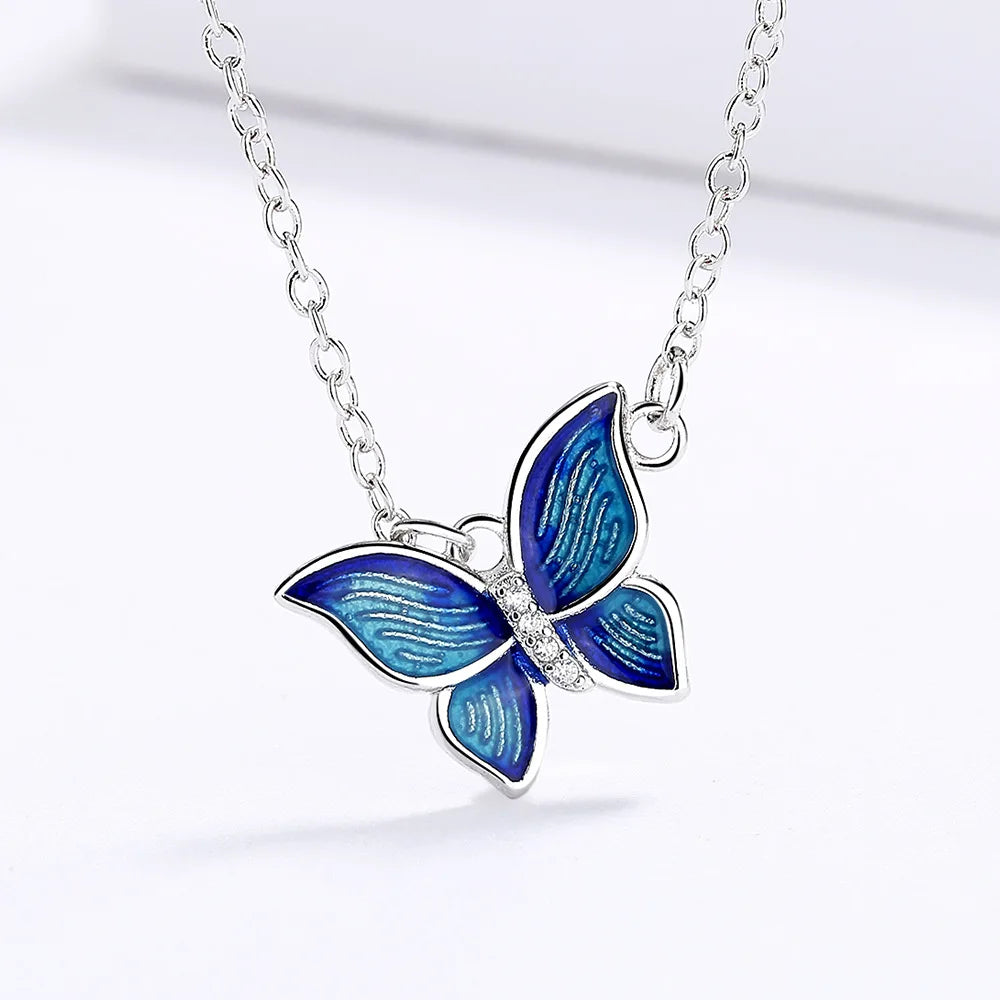 925 Sterling Silver Creative Micro-Enamel Blue Butterfly Wings Necklace Three-piece Jewelry Women's Suit Party Birthday Gift