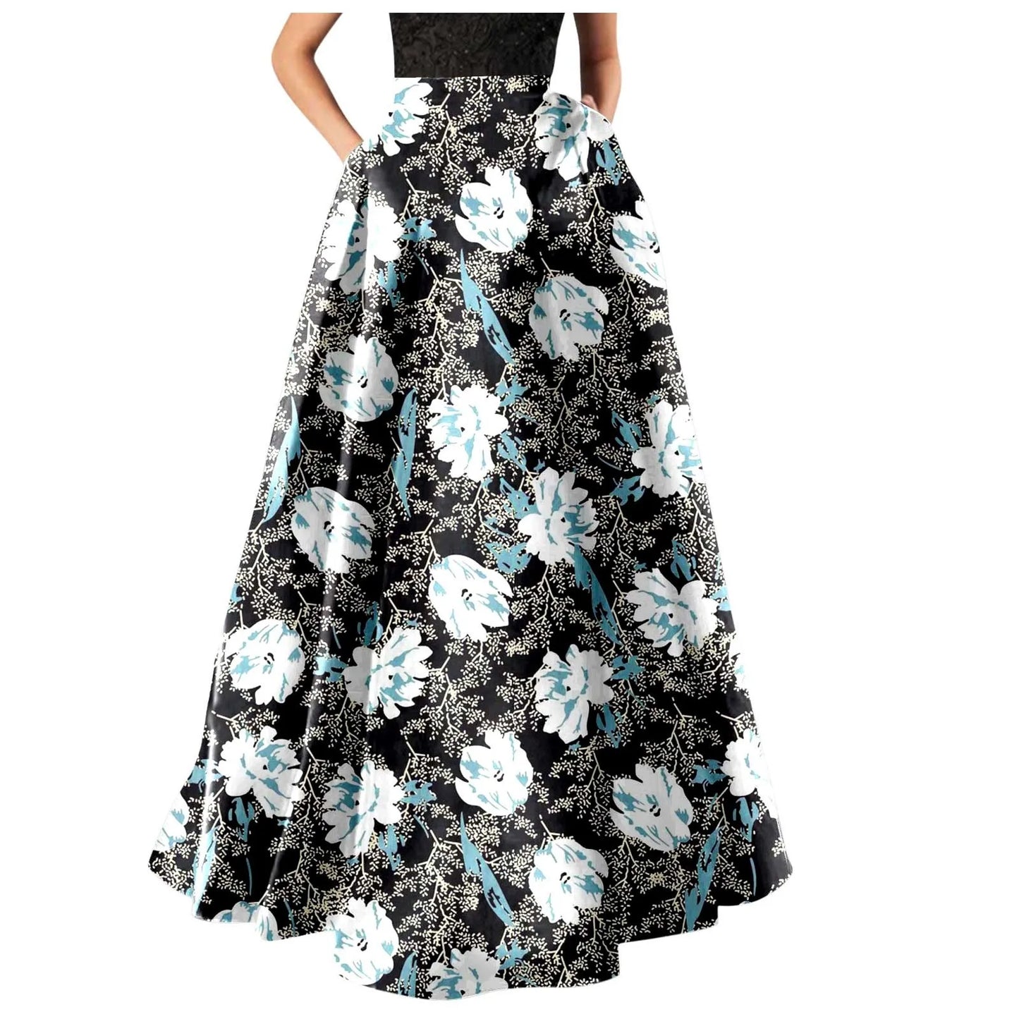 Bohemian Skirts For Women High Waisted Beach Maxi Skirt Wth Pockets Boho Floral Print Skirts Summer A Line Flowy Skirt 롱스커트