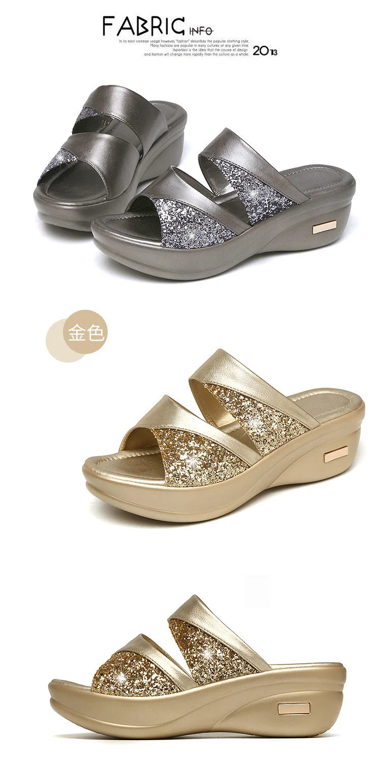 Sandals Woman Summer Gold Open Toe Sandal Dress Shoes Womens High Heels Sandals Platform Wedges Heeled Pumps Ladies Shoes