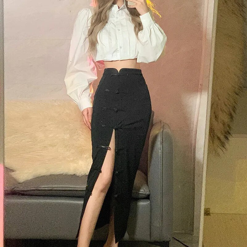 Goth Vintage Black Velvet Split Skirts Aesthetic Sexy High Waist Bow Bodycon Long Skirt Elegant E Punk Partywear Clothes