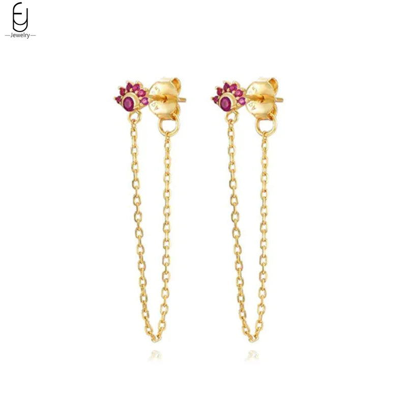 925 Sterling Silver Needle Rose Red Crystal Stud Earrings For Women Water Drop/Heart Pendant Gold Earrings Fashion Jewelry Gifts