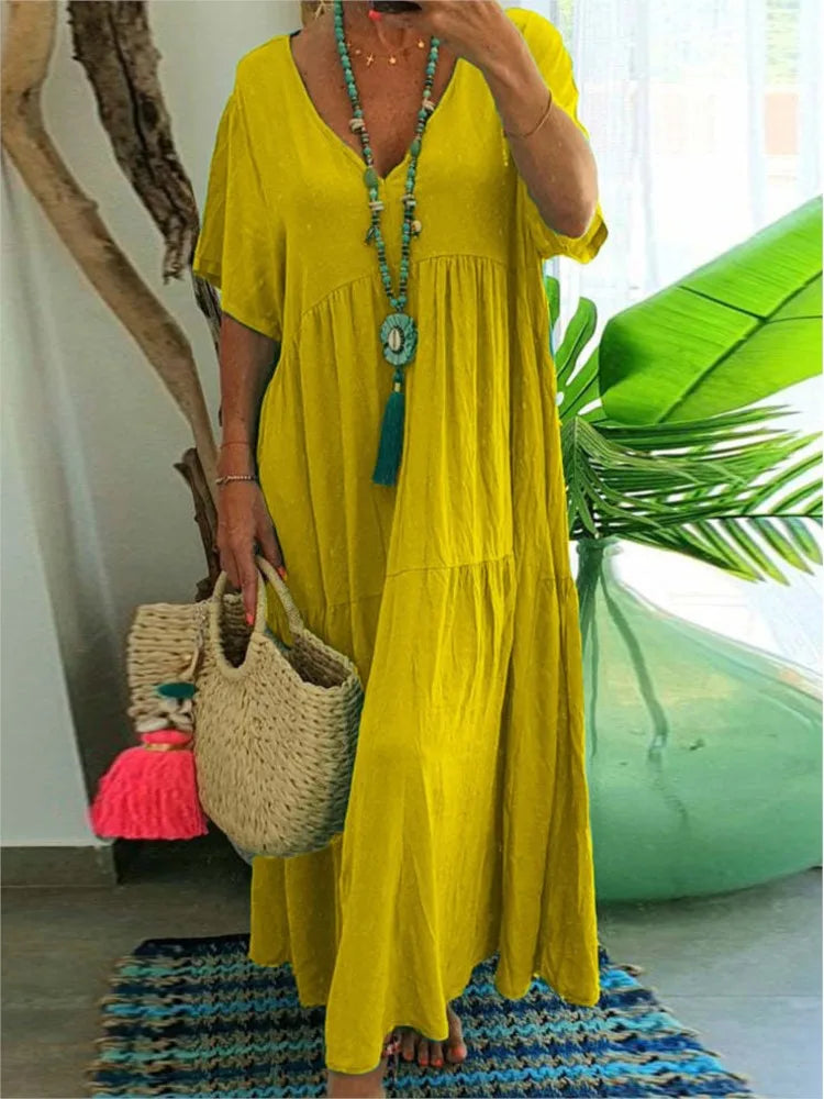 Summer New Casual Solid Color Cotton Hemp Short Sleeve Long Women's Dress Simple Loose Beach Maxi Female Fashion Dresses 2023