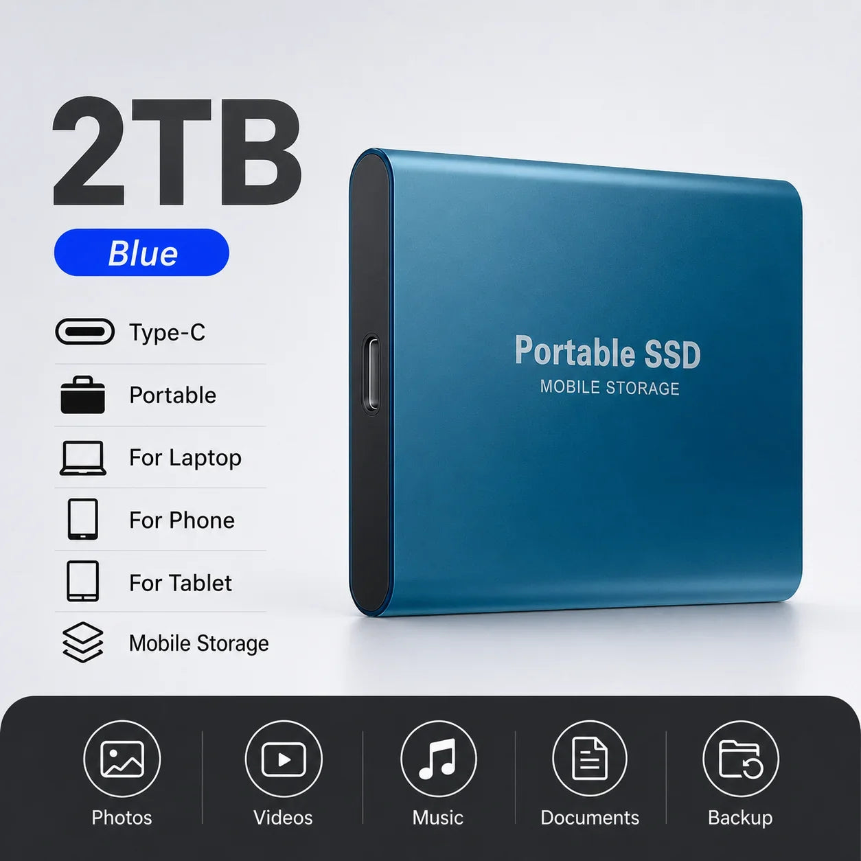 Space Efficient External Hard Drive 2TB Portable Mobile Hard Disk for Family Daily Photo Saveing PC Laptop