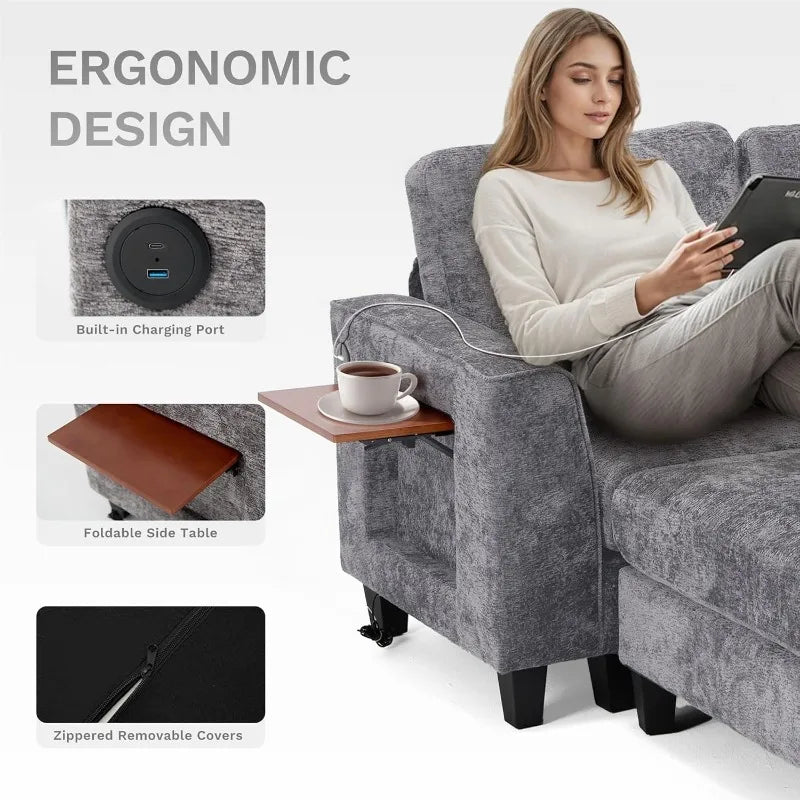 118" U-Shaped Sectional Couch, 4-Seat Modular Sofa with 2 Ottomans ,Foldable Side Table, Grey for Living Room