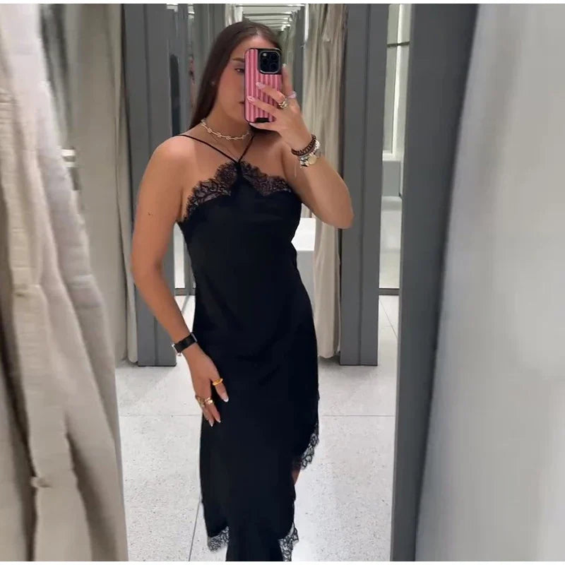Brown Satin Sexy Lace Spliced Short Sling Dress Women V-neck Sleeveless Backless Asymmetric Party Dresses 2025 Summer Lady Robes