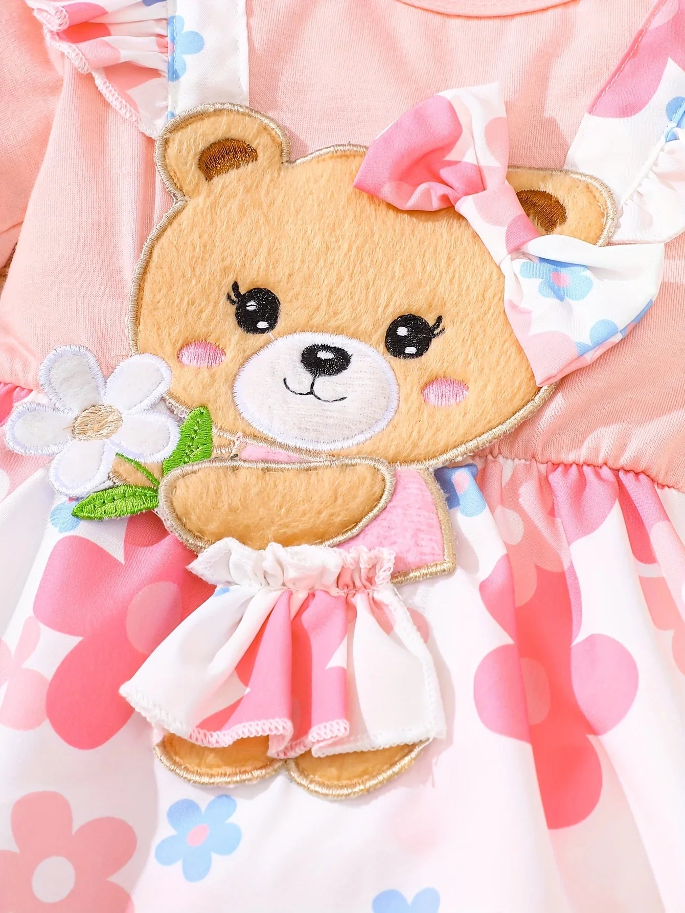 Two-Piece Set of Baby Girl Casual Dresses for Spring and Summer, Cute and Sweet Style Dresses with Cartoon Bear Patches, Floral Digital Print Patterns, Baby Girl Romper and Headband