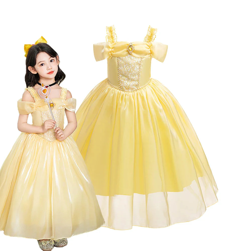 Halloween Girls Princess Belle Dress Up Evening Party Yellow Shoulderless Elegant Long Dresses Beauty Beast Fairy Costume Wig