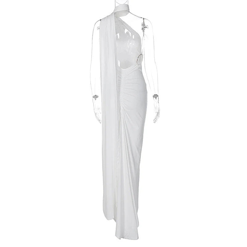 Hugcitar One Shoulder Backless Adjustable Scarf Loop Ruched Sexy Maxi Dress 2025 Women Elegant Y2K Streetwear Festival Outfit