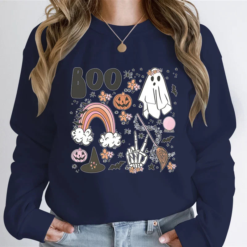 Halloween Ghost Sweatshirt Women Pumpkin Skeleton Hand Graphic Funny Hoodies The Boo Pumpkin Ghost Vintage Halloween Sweatshirt