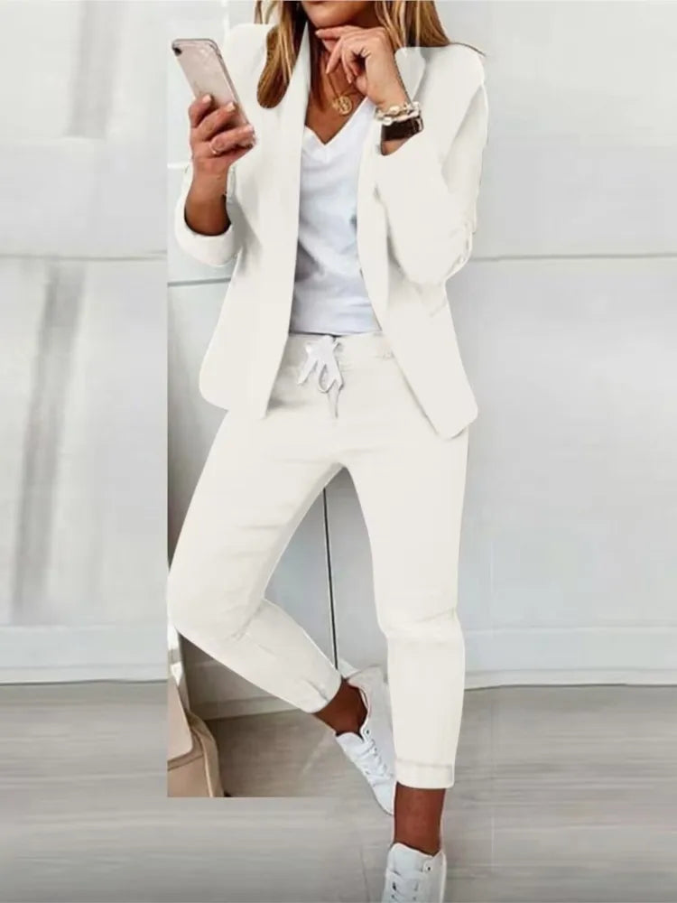 2 Piece Women's Autumn Winter Suit Fashion Slim Fit Lace-up Small Feet Trousers Women's Office Casual Solid Color Suit 2024