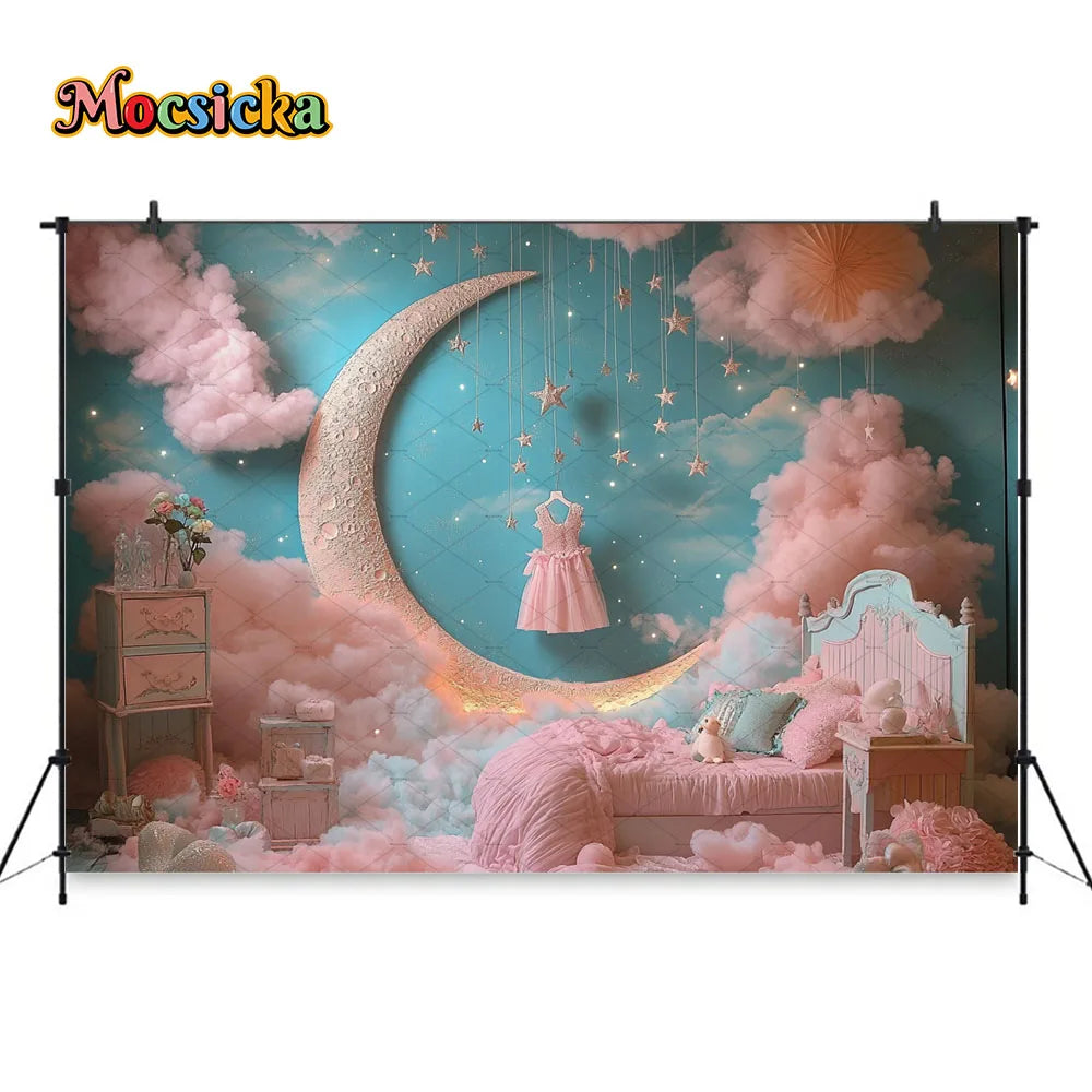 Princess Girl Birthday Party Night Photography Background Blue Pink Smoke Moon Star Boudoir Backdrop Kid Cake Smash Photo Studio