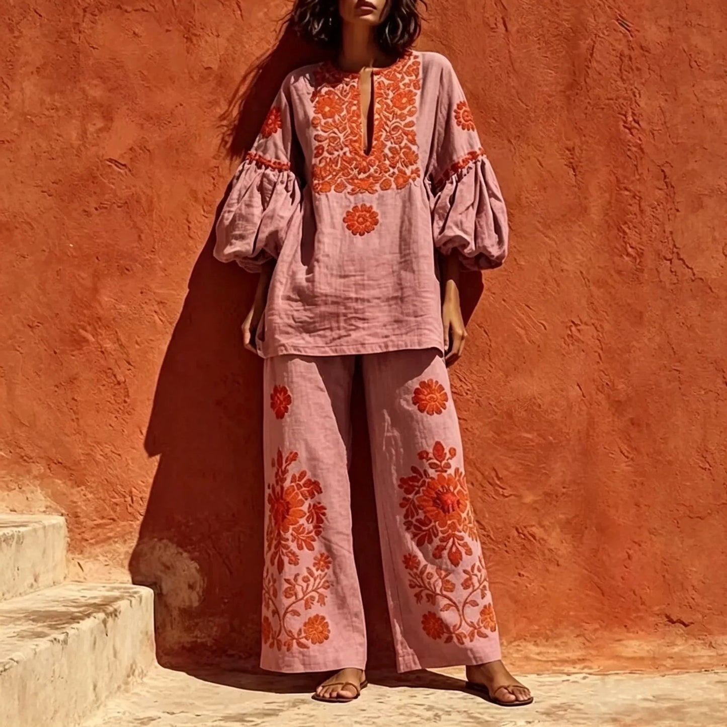 New Summer Women Boho Linen 2 Piece Outfit Floral Print Lantern Sleeve O Neck Blouse Wide Leg Pants Autumn Vintage Holiday Sets