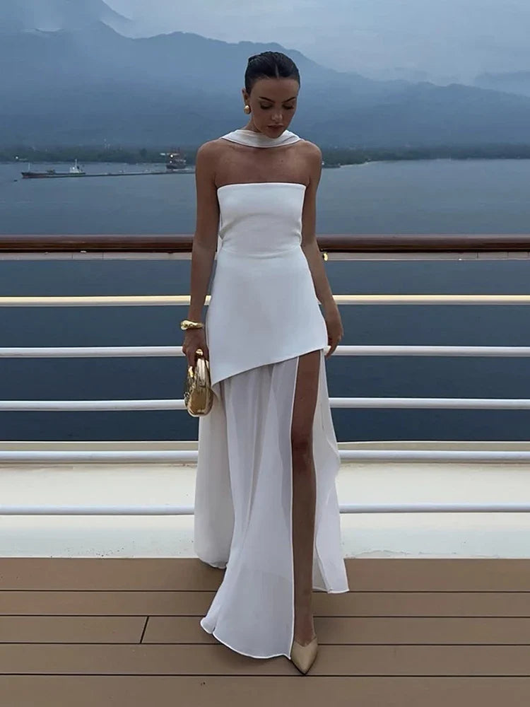 2025 Summer Women Fashion Strapless Dress With Ribbon Patchwork Elegant Sleeveless Mesh Split Dress Vacation Beach Long Dresses