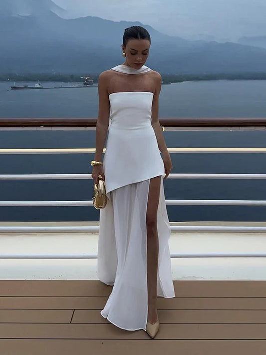 2025 Summer Women Fashion Strapless Dress With Ribbon Patchwork Elegant Sleeveless Mesh Split Dress Vacation Beach Long Dresses