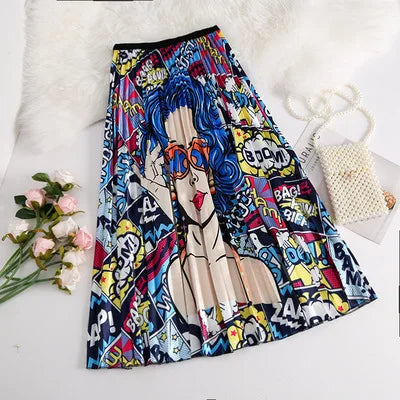 2023 Summer Women Cartoon Print Pleated Skirts A Line High Waisted Elastic Midi Long Skirt Ladies Party Korean Style Dresses