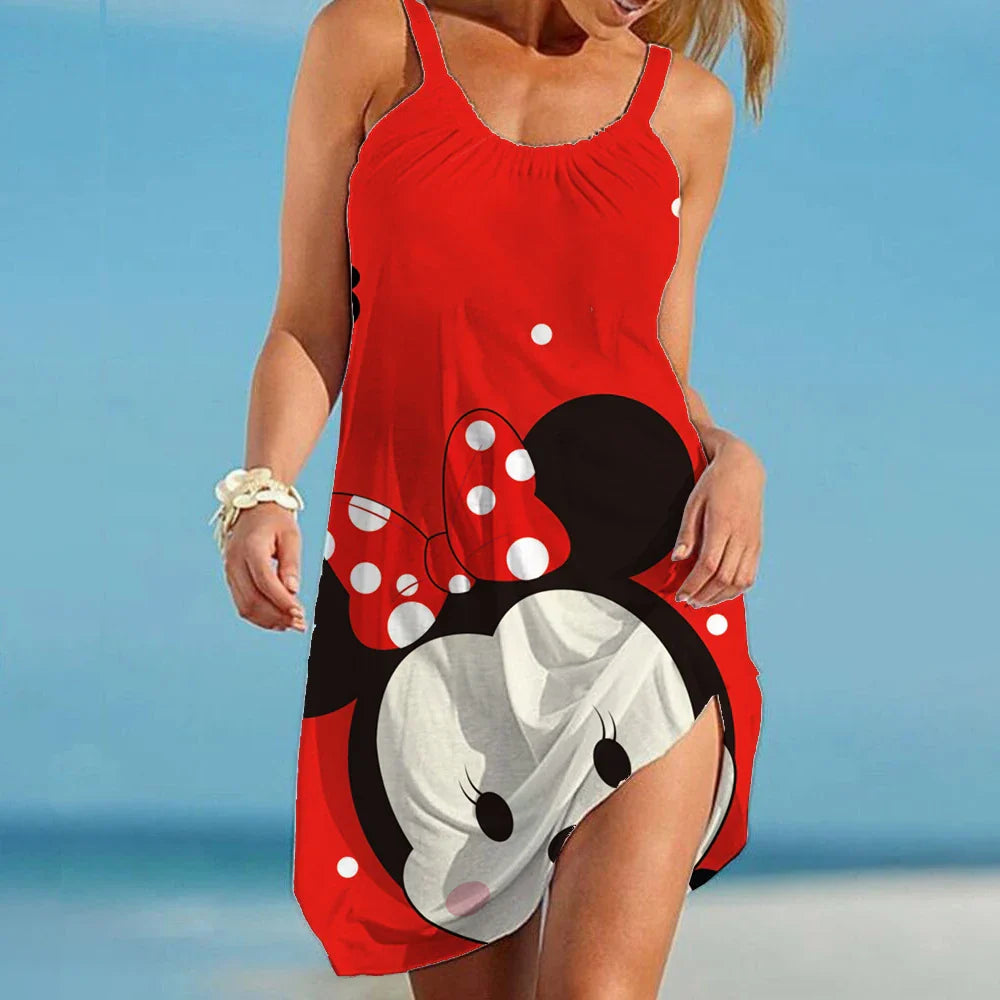 Disney - Mickey Minnie Summer 3D Print Cartoon Dresses For Women 2022 Backless Women's Beach Dress Cute Sexy Loose Sling Beach
