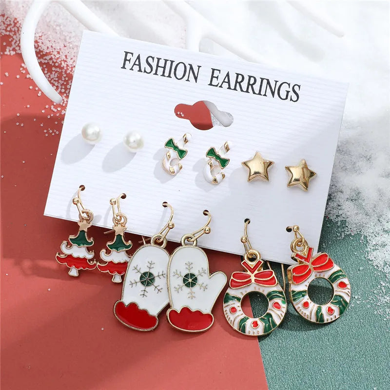 6 pairs Christmas Stud Earrings Xmas Tree Brown Elk Snowman Santa Claus Cute Christmas Earrings Christmas Gifts For Women Girls