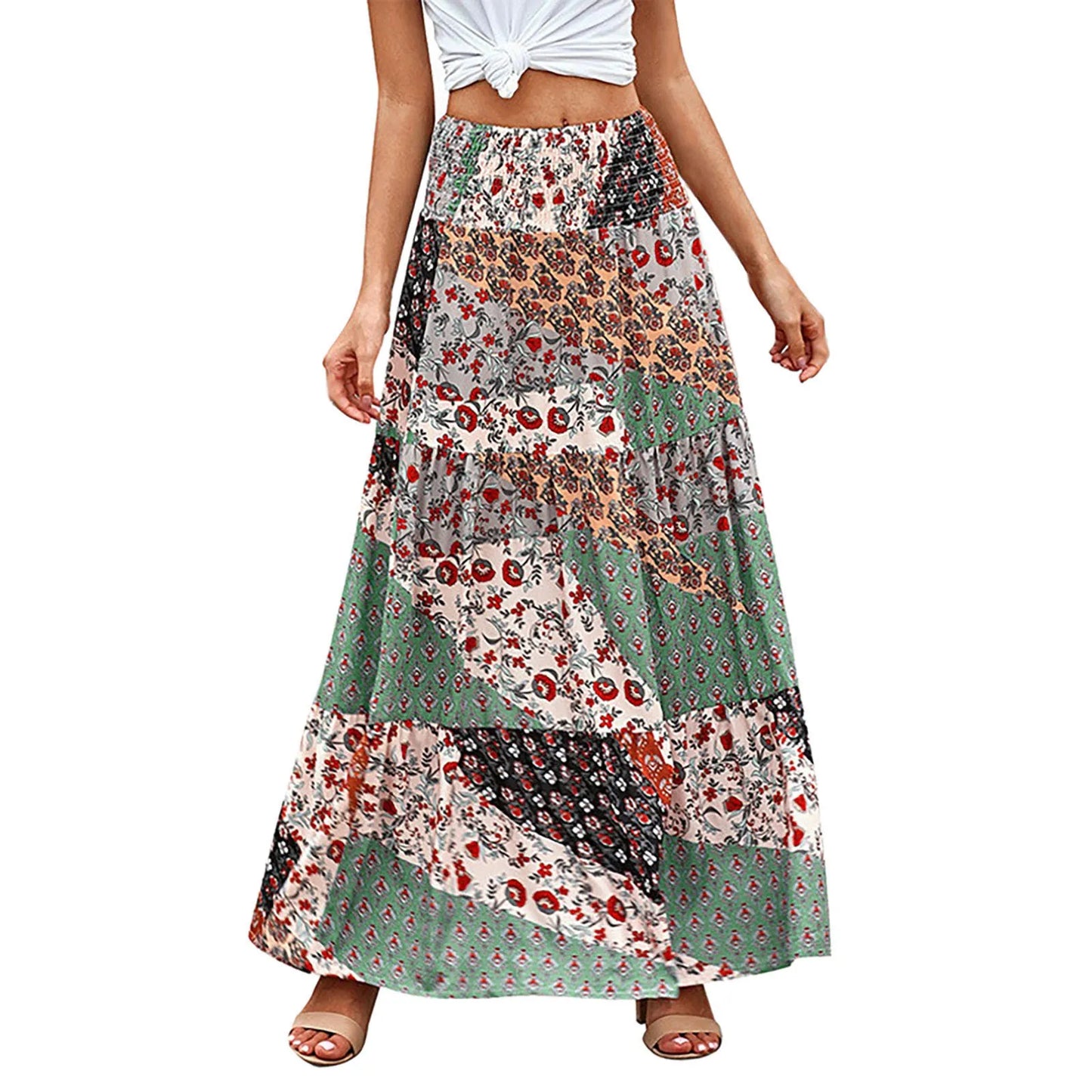 Women Skirts New Fashion All-Match Skirt Loose Elastic Waist Floral Print Ethenic Style Boho Skirt Bohemian Vintage Skirt