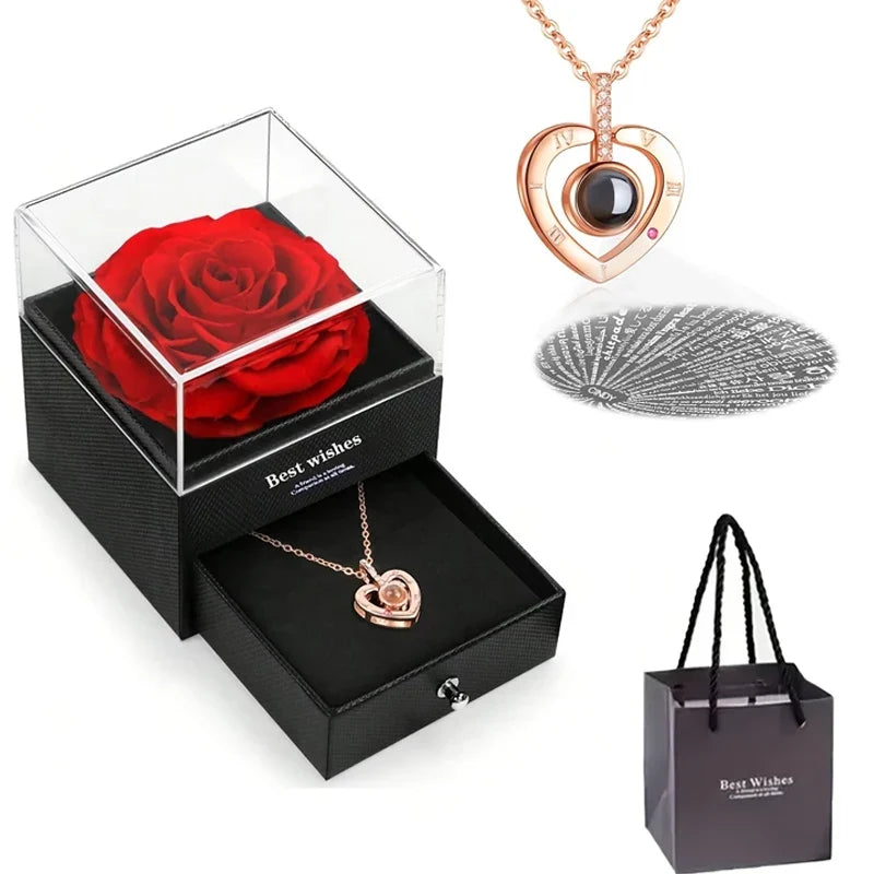 Preserved Red Rose with I Love You Necklace, for Women, Mom, Wife,Christmas Valentines Day Mothers Day Anniversary Birthday Gift