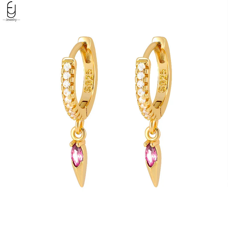 925 Sterling Silver Needle Rose Red Crystal Stud Earrings For Women Water Drop/Heart Pendant Gold Earrings Fashion Jewelry Gifts