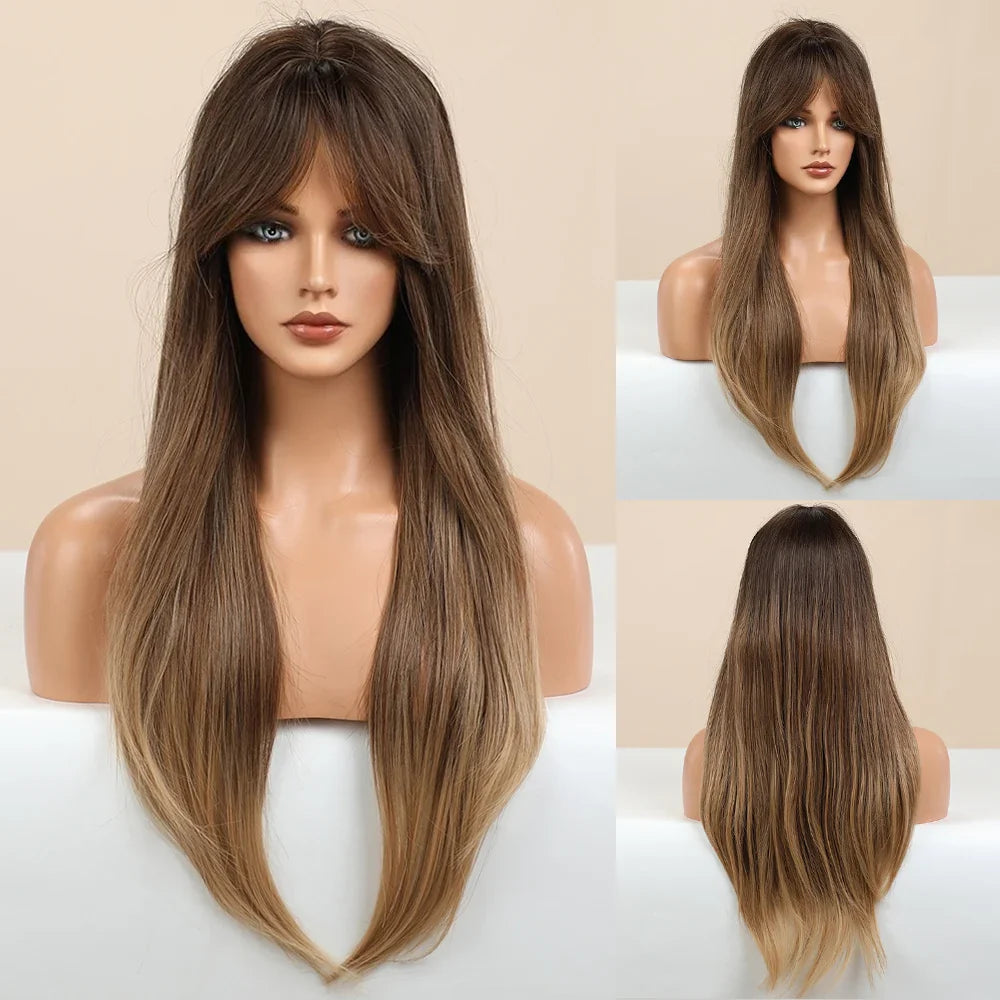 Element Medium Length Synthetic Straight Natural Brown Wigs with Side Bangs Heat Resistant Party Wigs for White/Black Women