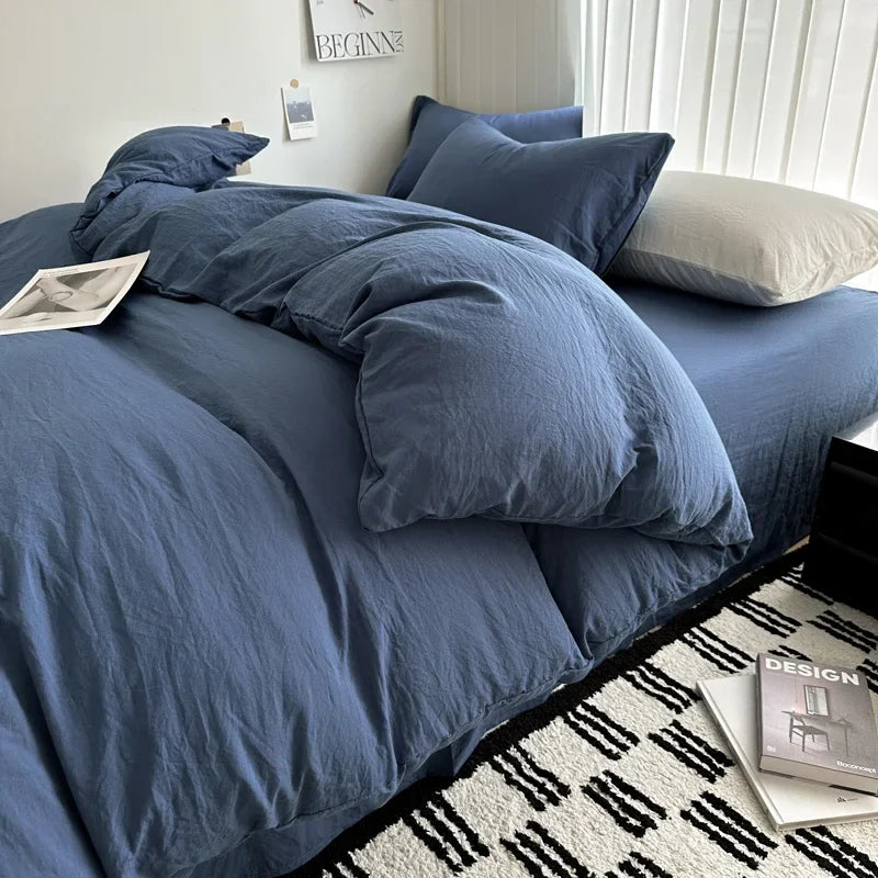Bed Linen Solid Cotton Bedding Set, with Sheet, Duvet Cover, Pillowcases. Single Couple Bedsheet King, Queen Double Twin Size