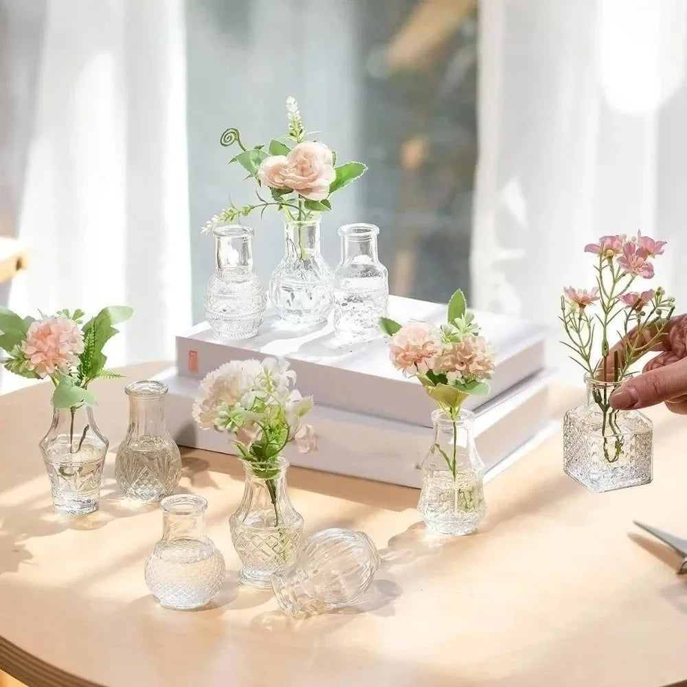 10/20Pcs Mini Glass Vase Modern Clear Hydroponic Flower Vase Retro Relief European Home Desktop Scene Wedding Party Decoration