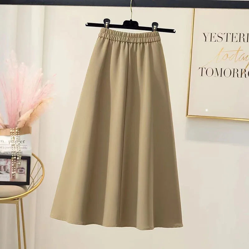 Lucyever Women Back Elastic Waist Mid-Calf Skirts Solid Color Casual Knee-Length A-Line Skirt Korean Summer Long Skirt Woman