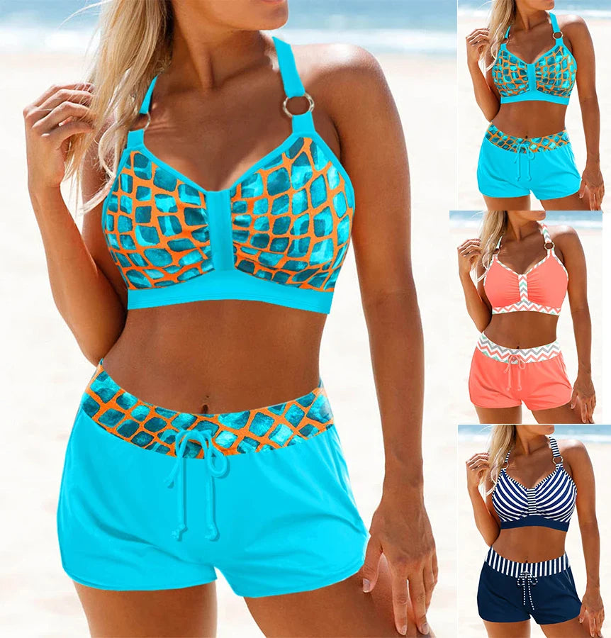 New Summer Beach New Women's Bikini Two Piece Swimwear Gold Border Checkered Print Lace Up Beach Dress S-6XL