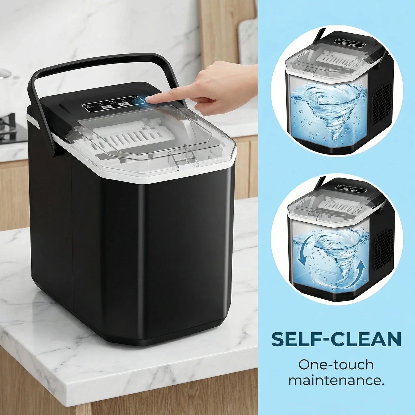 Ice Maker Countertop Machine with Handle, 26lbs in 24h, 9 Ice Cubes Ready in 6 Mins, Self-Cleaning Ice Makers with Basket and Scoop, Ideal for Home, Kitchen, Camping, RV
