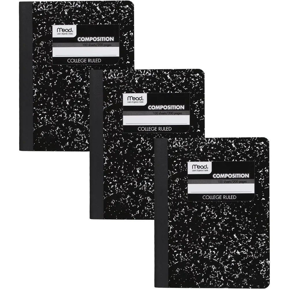 3 Pack Composition Notebooks, College Ruled, 7-1/2"*9-3/4", 100 Sheets Each (200 Pages), Classic Black Marble Hard Cover, Stitched Binding Smooth Ink Resistant Paper, Bulk Comp Books for School College Office Journaling Note