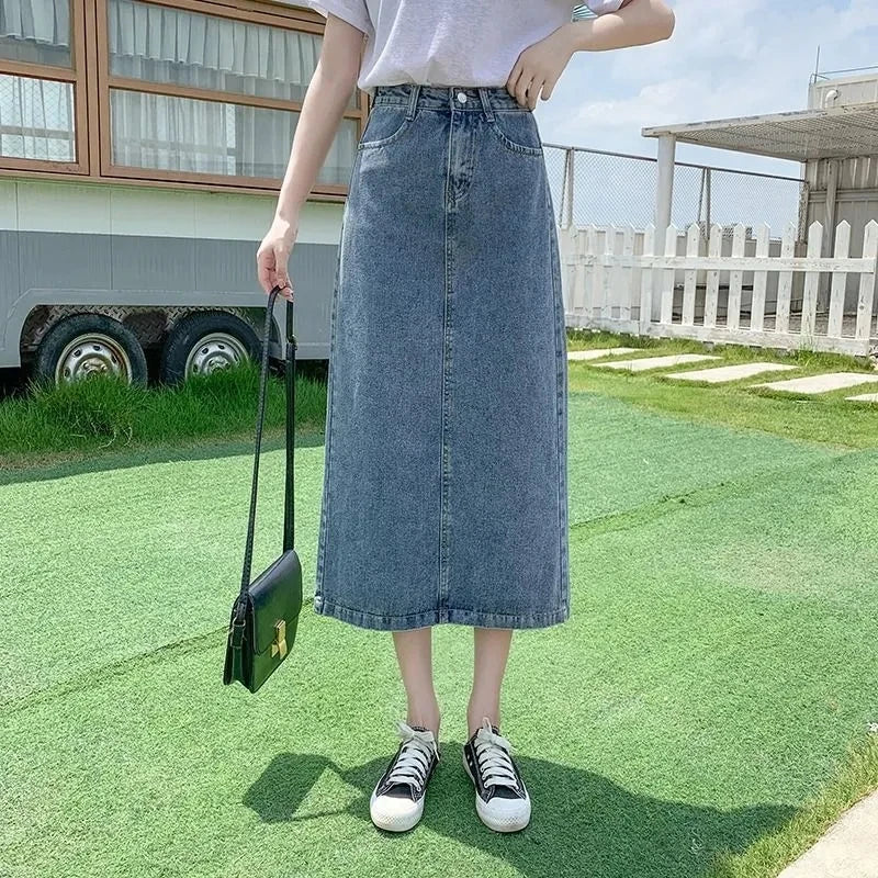 Summer Long Denim Skirt Women Oversize 5XL Korean Fashion Split Faldas Jean Mid-Length High Waist Skirts Blue Loose Cowboy Jupe