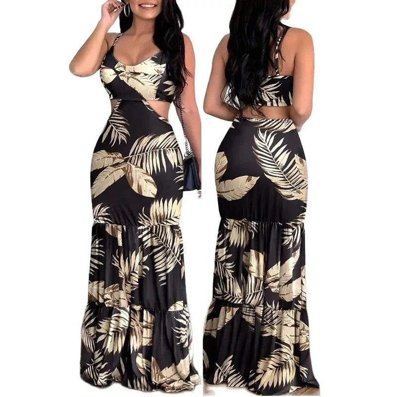Women's Summer New Elegant Print Fashion Floral Sexy Backless Boho Maxi Ruffle Hollow Out Long Slim Beach Suspender Sheath Dress