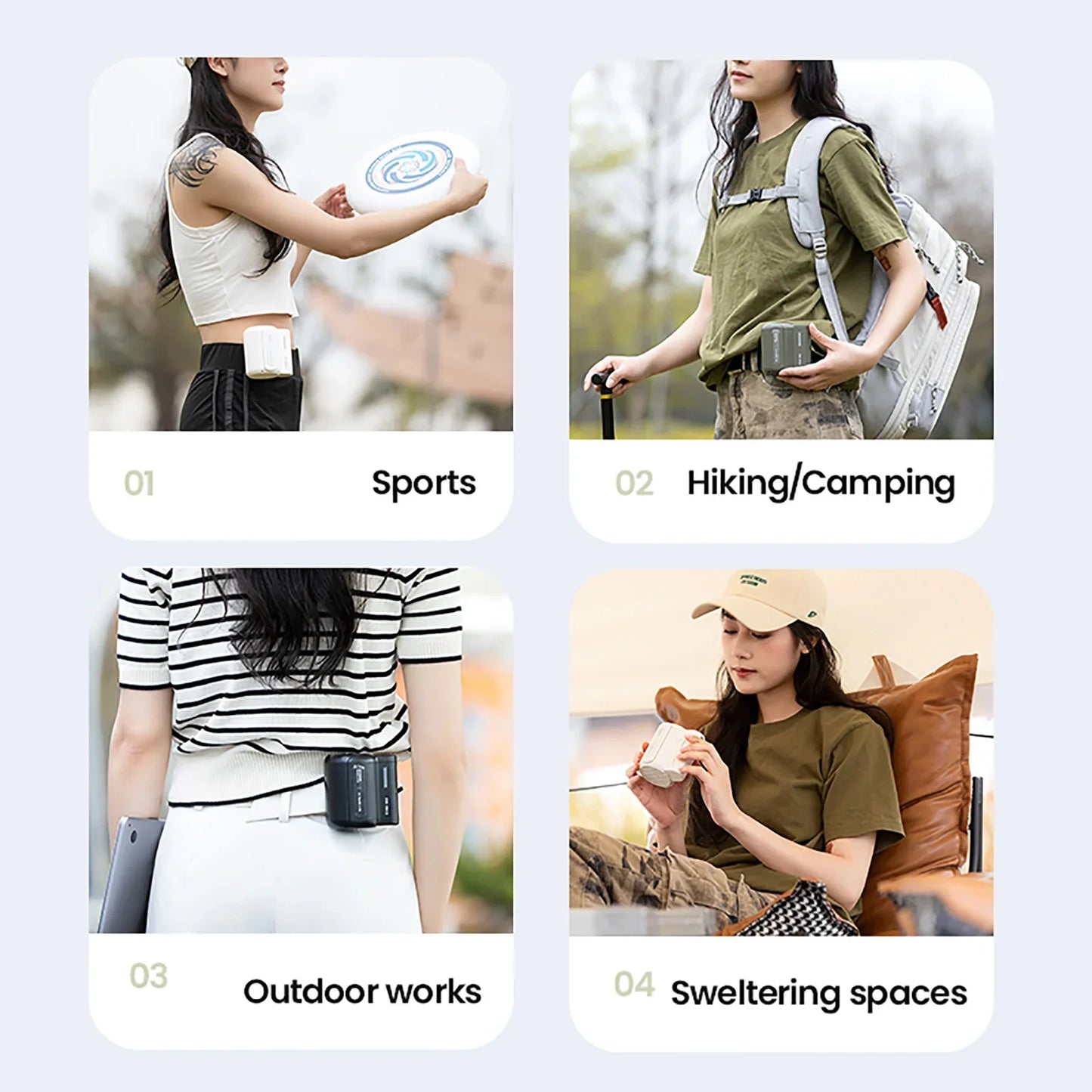 Portable Electric Fan Outdoor Camping Fan Rechargeable 3 Speeds Leafless Fan Waist-mounted Handheld Mini Electric Fan