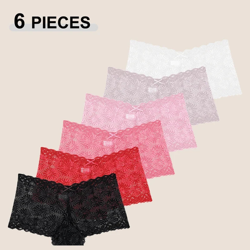 6PCS Women's Seamless Sexy Lace Perspective Boxer Shorts Solid Color Hollow Out Sunflower Bowknot Transparent Intimate Lingerie