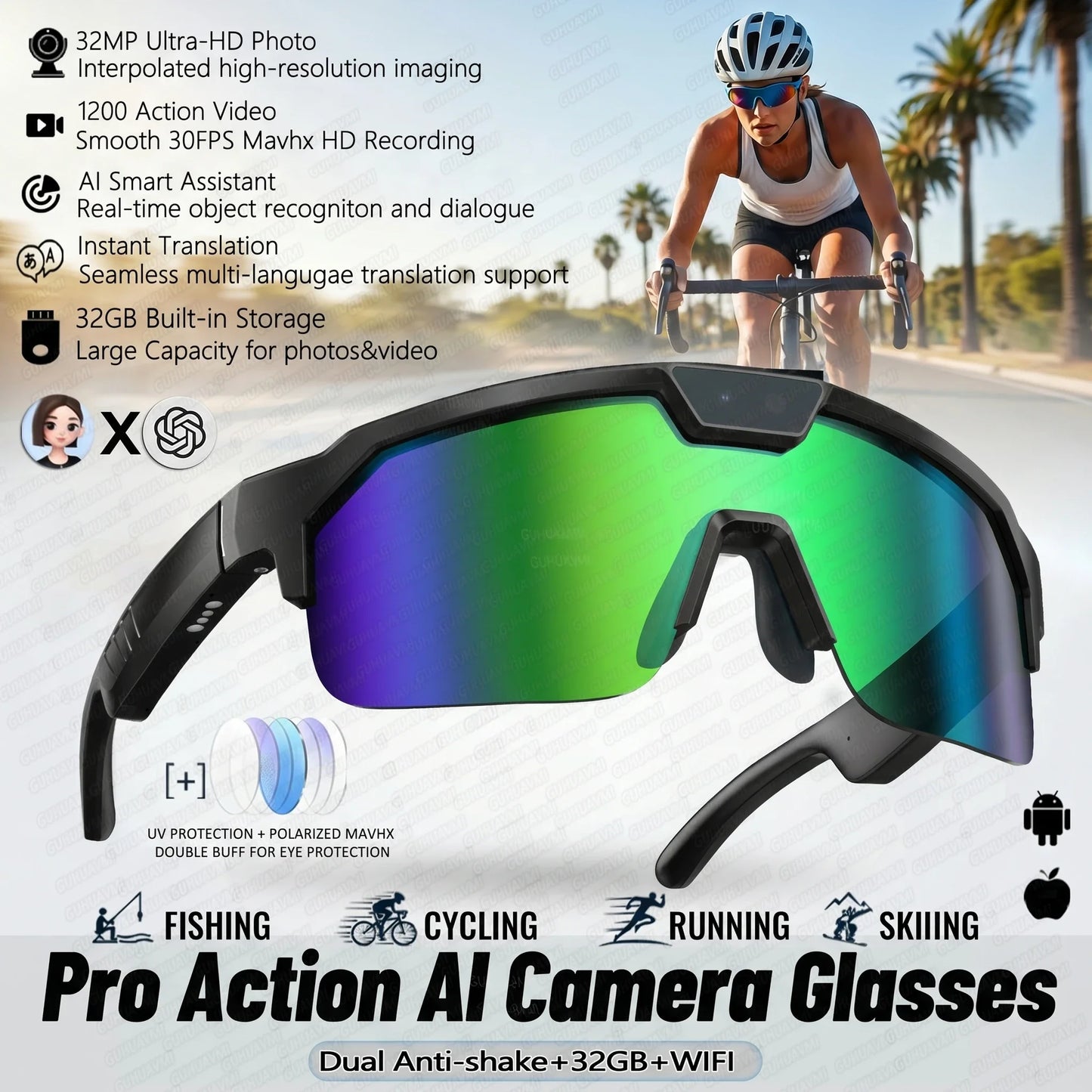 2026 New AI Smart Sports shooting&recording Glasses 800W Camera HD Anti-shake Bicycle Riding Shooting Artifact Windproof Goggles